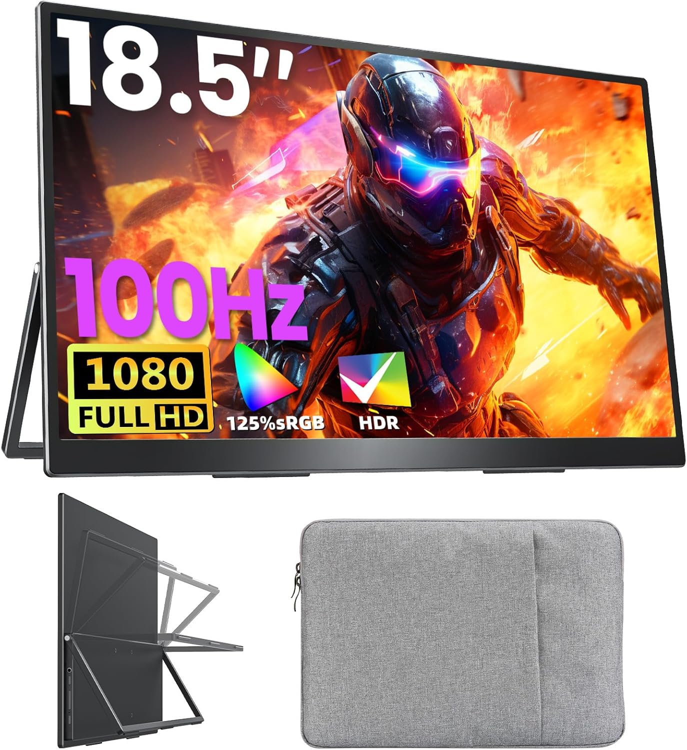 Portable Monitor 18.5" FHD 125% sRGB 100Hz IPS HDR HDMI USB-C Travel Monitor for Laptop MacBook PC Surface PS5 Xbox, Large External Display with Kickstand & Speakers, VESA Compatible