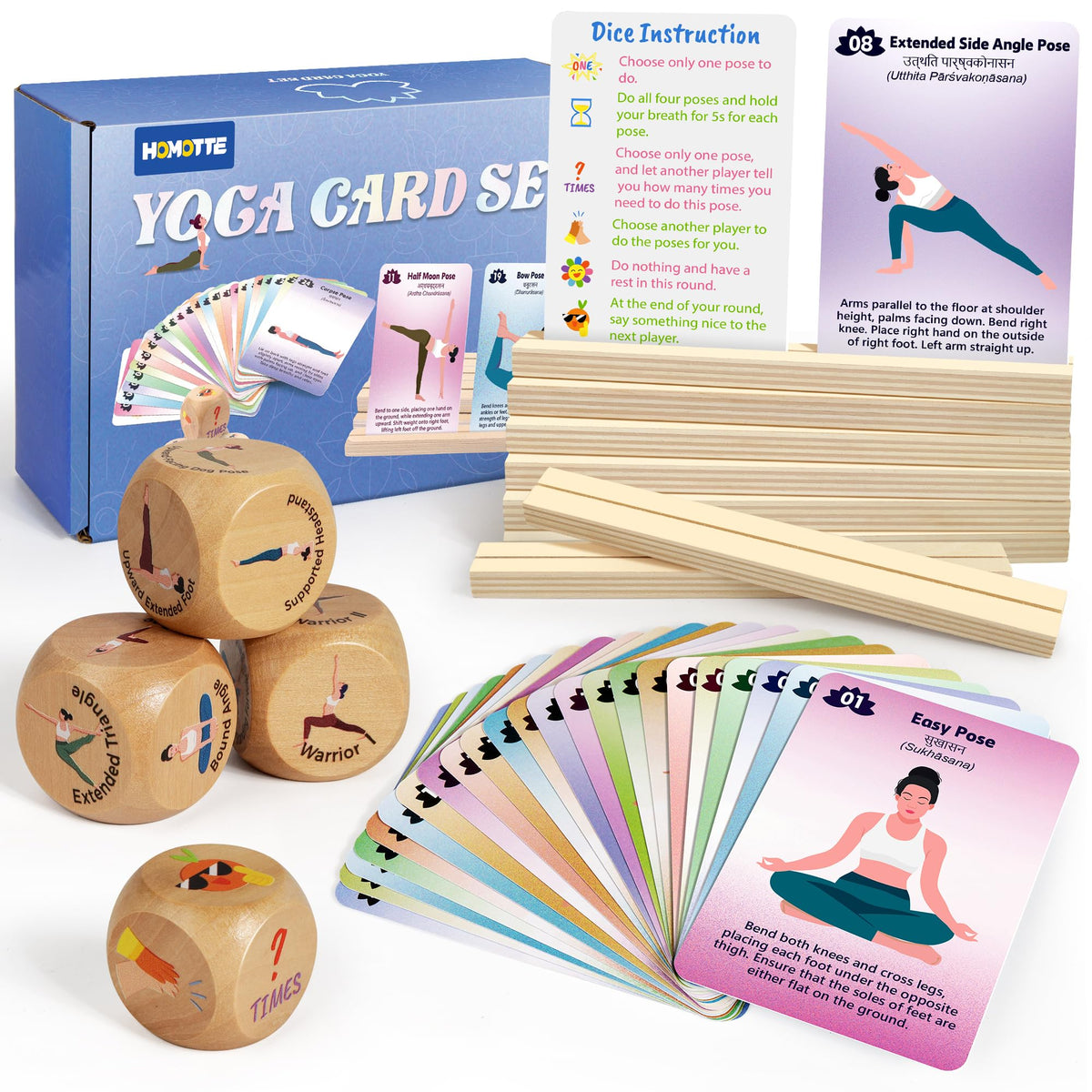 Homotte Yoga Cards and Wooden Yoga Dice Set for Beginners, Kids Yoga Accessories Pose Workout Kit with 4 Dice, 8 Card Holder, Gift for Women