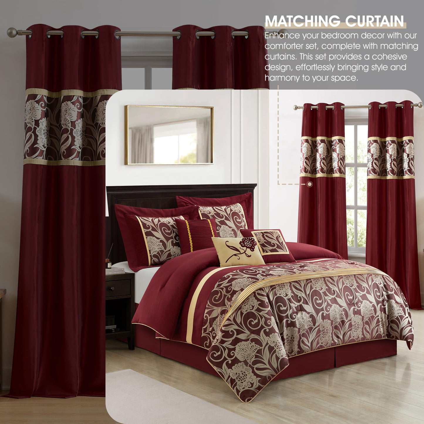 Stratford Park Red and Gold Comforter Set Queen Size, 9 Piece Jacquard Floral Bedding Set, All Season, Ultra-Soft, Matching Pillows & Shams, Bed Skirt, Curtains