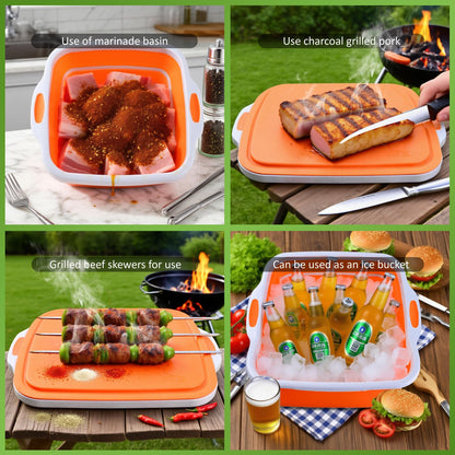 Collapsible BBQ Prep Tub with Lid & Cutting Board 8L - Meat Marinating Basin & Grill Carry System - 5pc Set with Heat Resistant Gloves, Basting Brush & Spatula(Orange, Large, 8L)