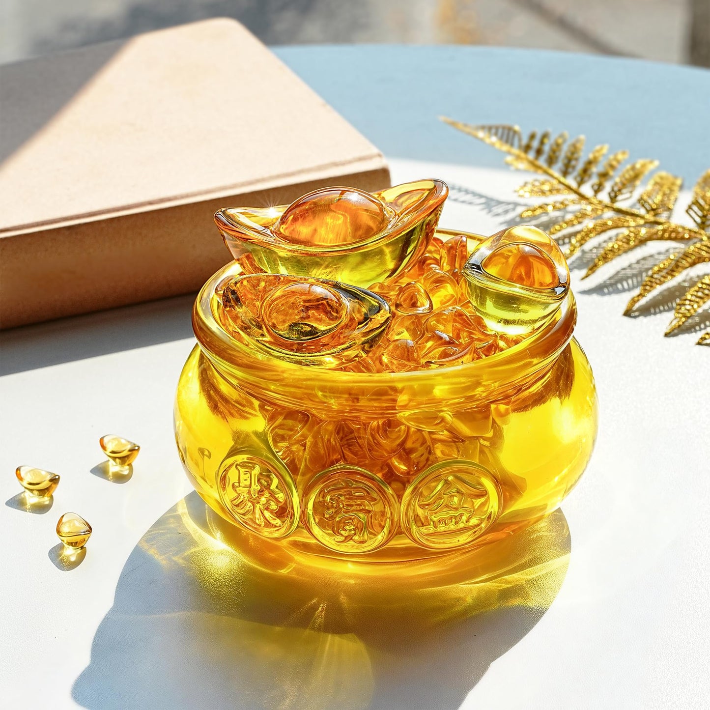 YU FENG 4.7'' Crystal Glass Wealth Bowl with Gold Ingots, Large Wealth Symbol Decor, Prosperity Ornament, Lucky Gift for Home Office Desk Decoration