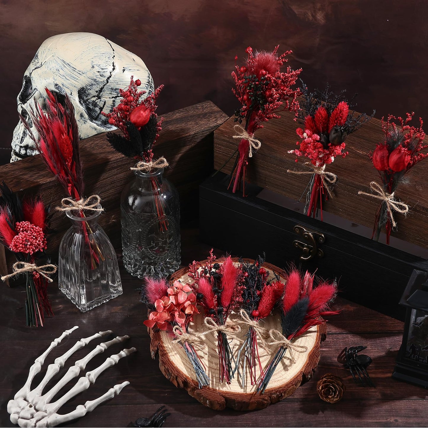 10 Pack Halloween Flowers Bouquets Red Black Series Mini Dried Flower with Stem Natural Dry Flower Bundles Dried Floral Arrangement for Vase DIY Goth Wedding Decor