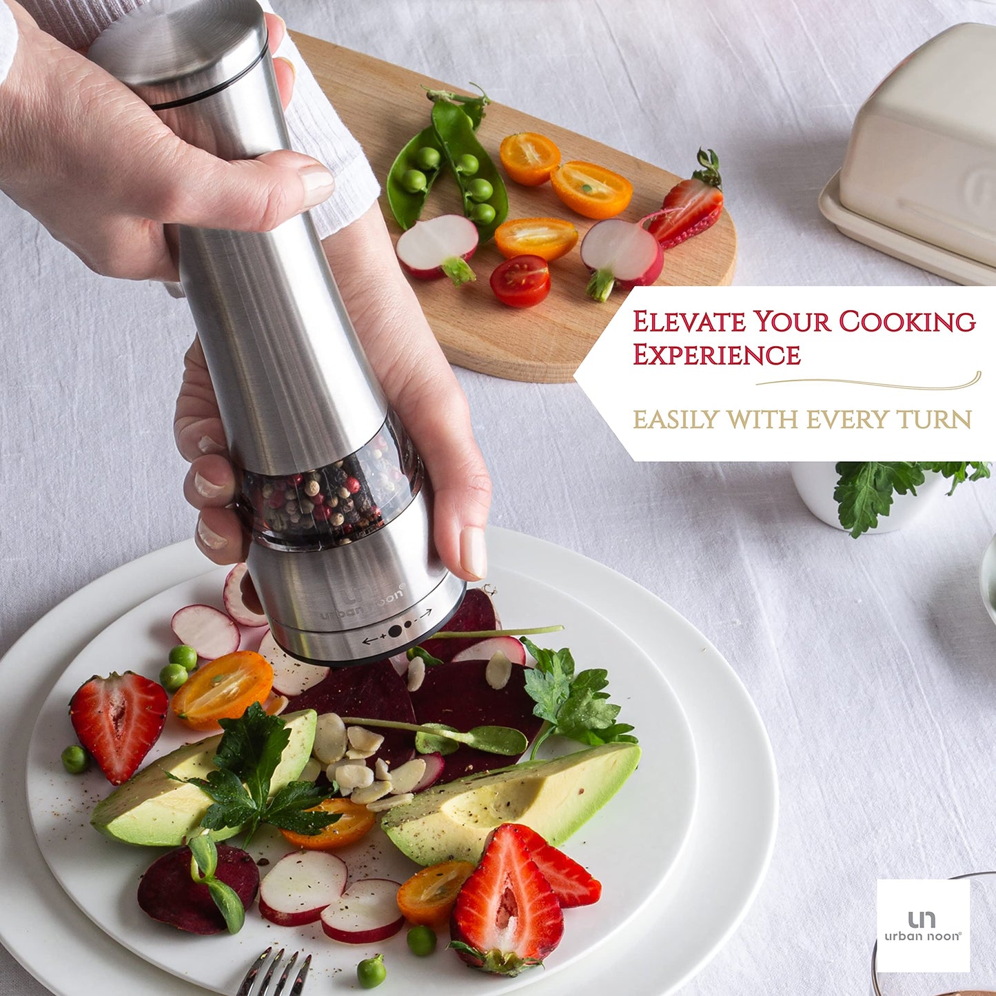 Salt and Pepper Grinder Set - Large Capacity Stainless Steel Pepper Grinder and Salt Grinder with Tray in Luxurious Gift-Box - Manual Mills with Ceramic Grinders and Adjustable Coarseness (Set of 2)