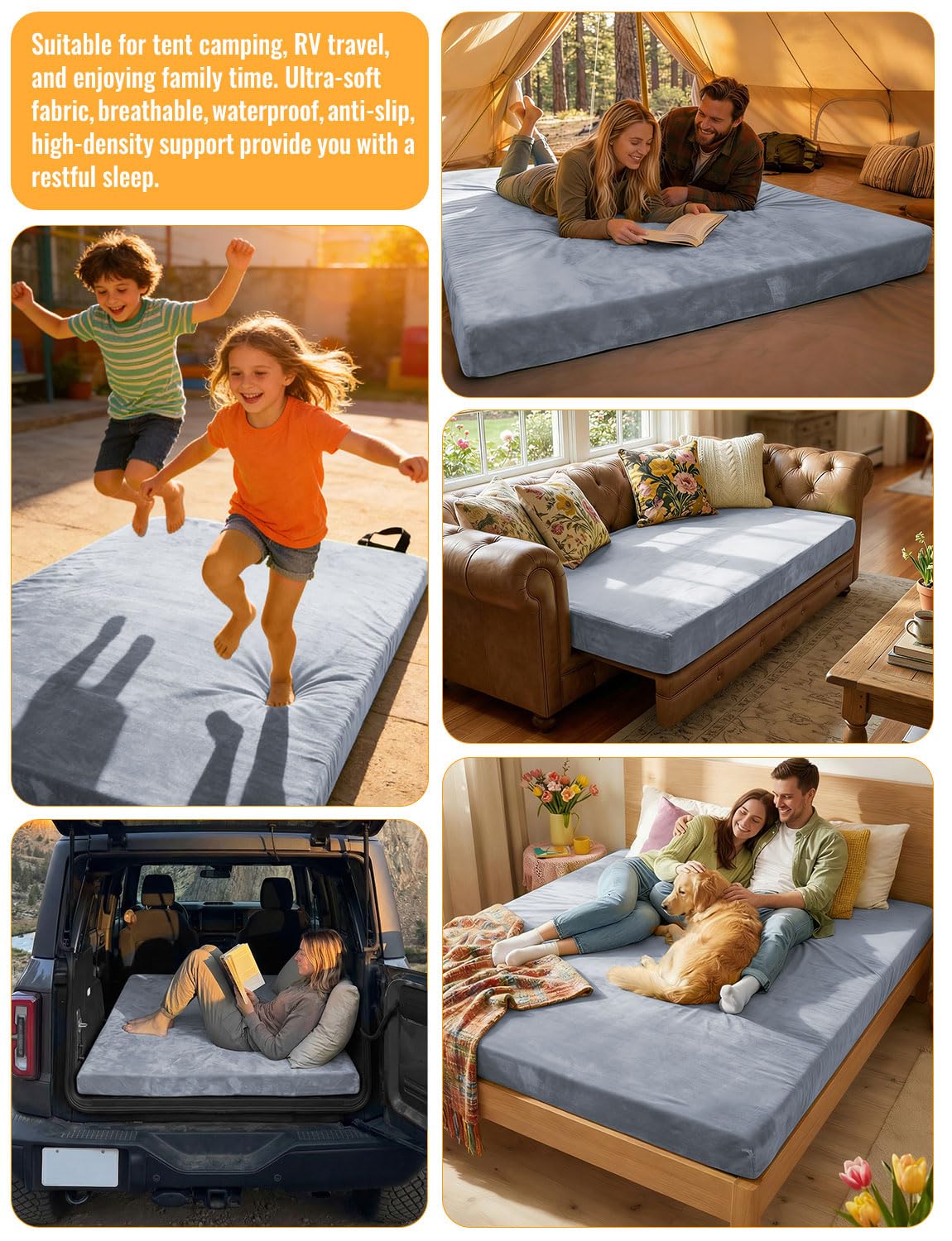 Memory Foam Camping Mattress,Ventilated Design High Density Breathable Waterproof Non-Slip Portable Sleeping Pad with Travel Bag for Car Tent Roll-Up Glamping Floor Bed for Guests Sleepover