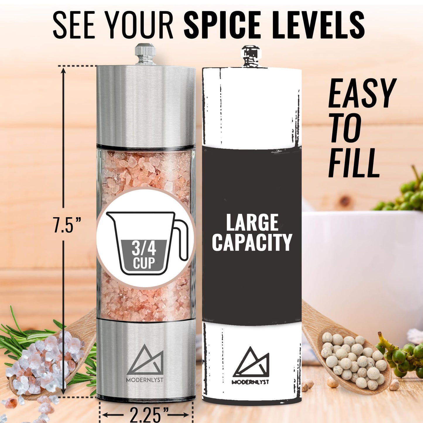 MODERNLYST Salt and Pepper Grinder Set Manual 2 Pack | Large Round Salt and Pepper Shakers Set | 7.5 inch Stainless Steel Salt Grinder Refillable | Manual Pepper Grinder (Stainless Steel)