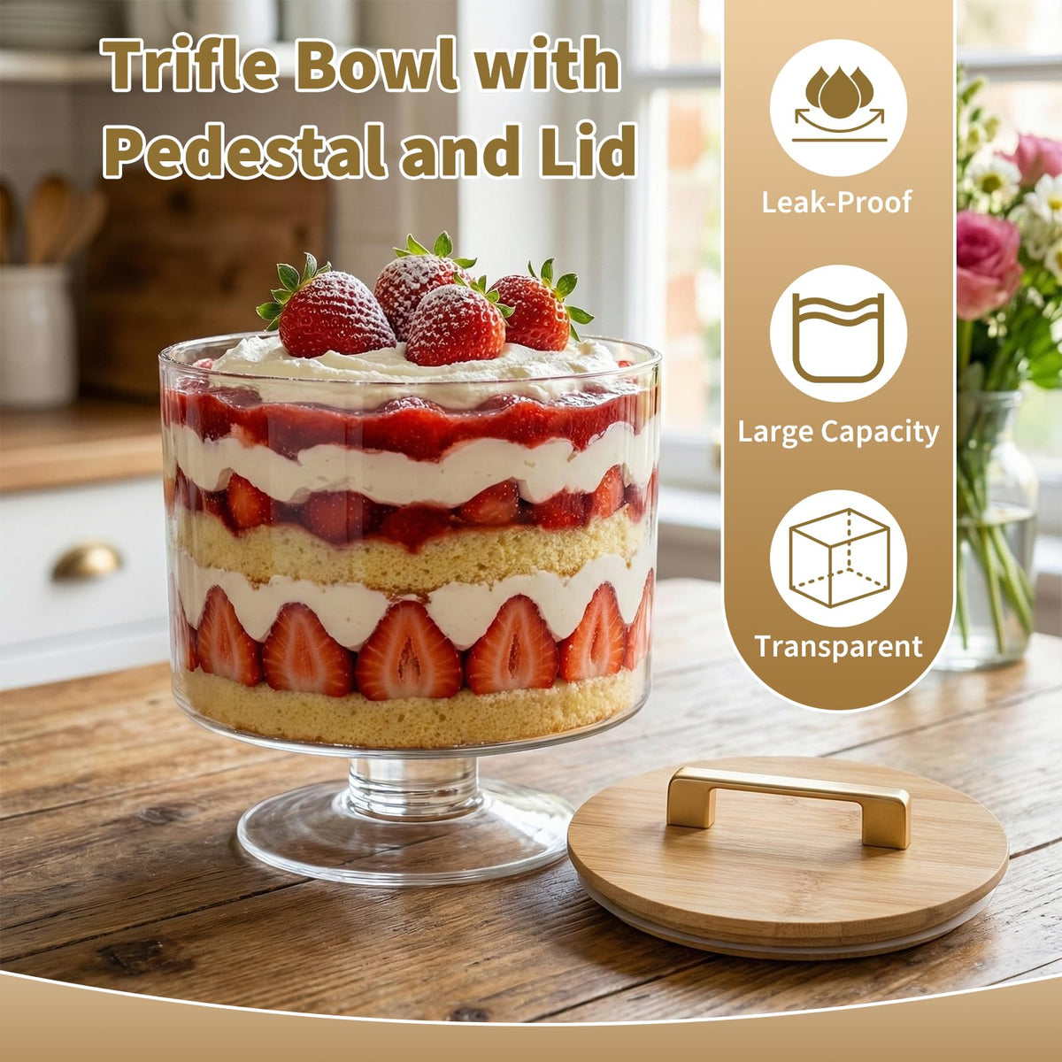 Piszvbej Trifle Bowl with Pedestal and Lid, Crystal Clear Glass, Wood Lid with Convenient Handle and Sealing Ring, for Laying Layered Dessert, Ice Cream and Cake, Ideal for Party Displays