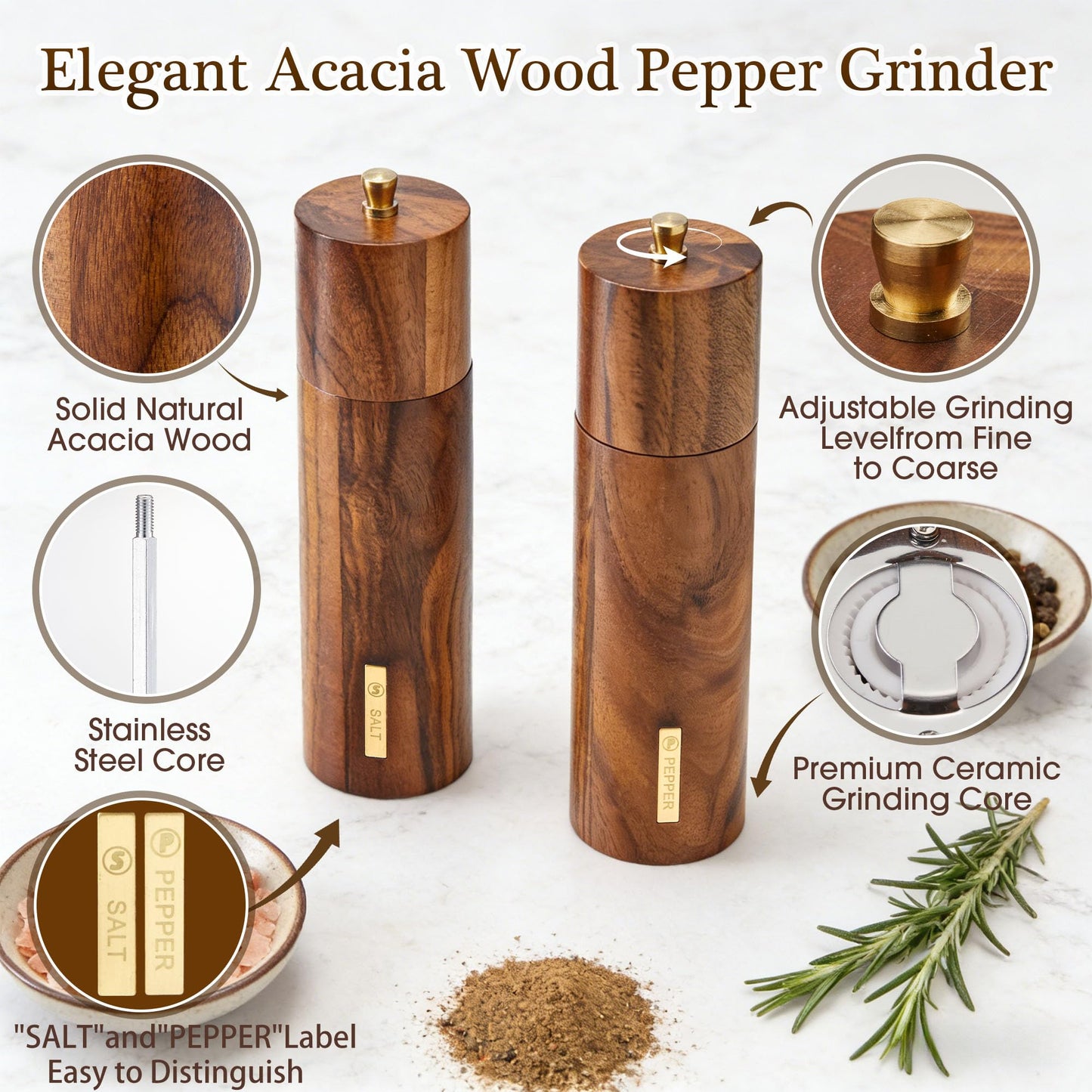 2 Pack Acacia Wooden Salt and Pepper Grinder Set with Gold Label, Premium 8 Inches salt and pepper shakers, Manual Wood Grinders with Adjustable Coarseness Ceramic Core, Ideal for Kitchen Home Gift