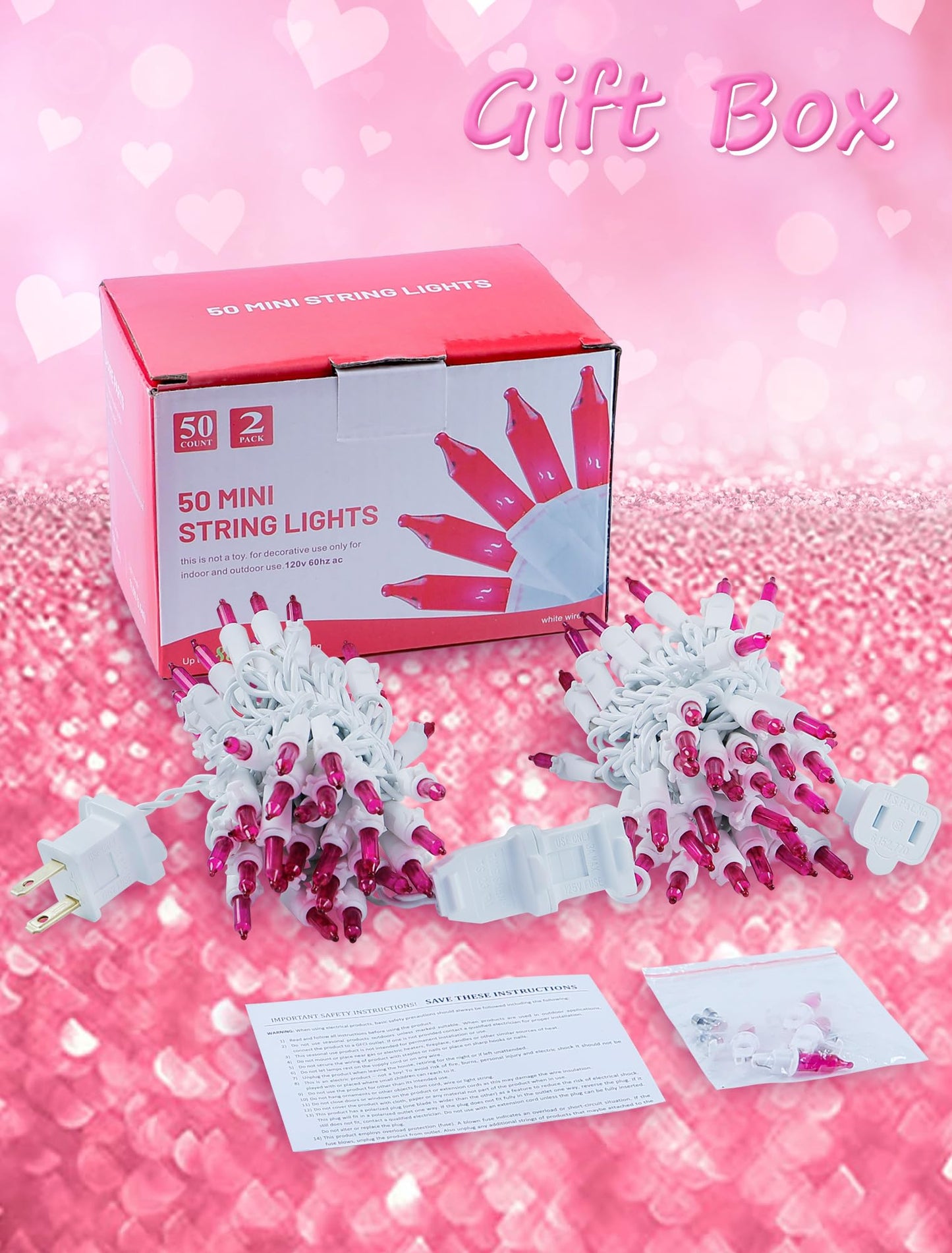 Hopolon Pink Mini Christmas Lights,2 Pack 13FT 50Count Fairy String Light Set,White Wire Incandescent Pink Valentines Day Lights Connectable for Indoor Outdoor Wedding Birthday Valentine’s Day Decor