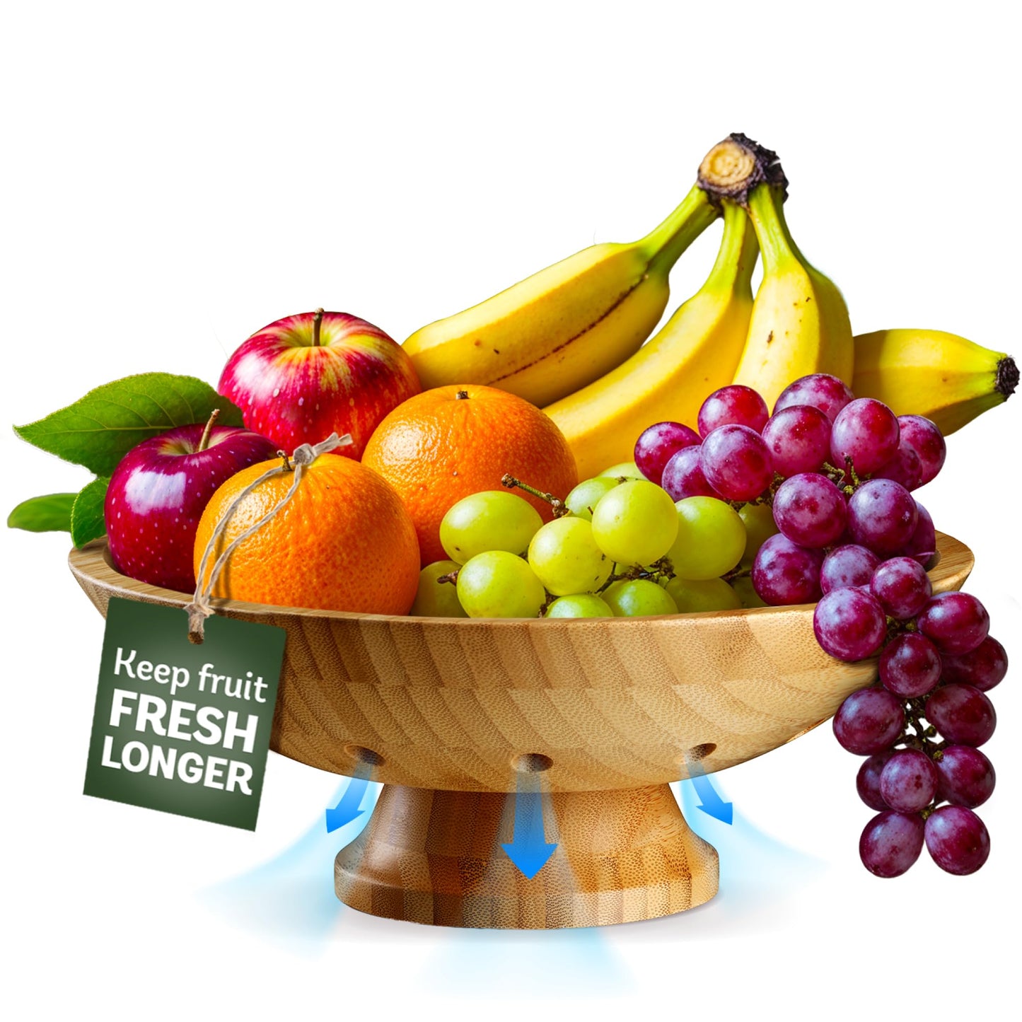 Fruit Basket for Kitchen Counter - Fruit Bowl for Kitchen Counter, Bamboo Pedestal Fruit Basket with Ventilation Holes, Wooden Fruit Bowl for Fruit and Vegetable Storage, Decorative Frutero for Cocina