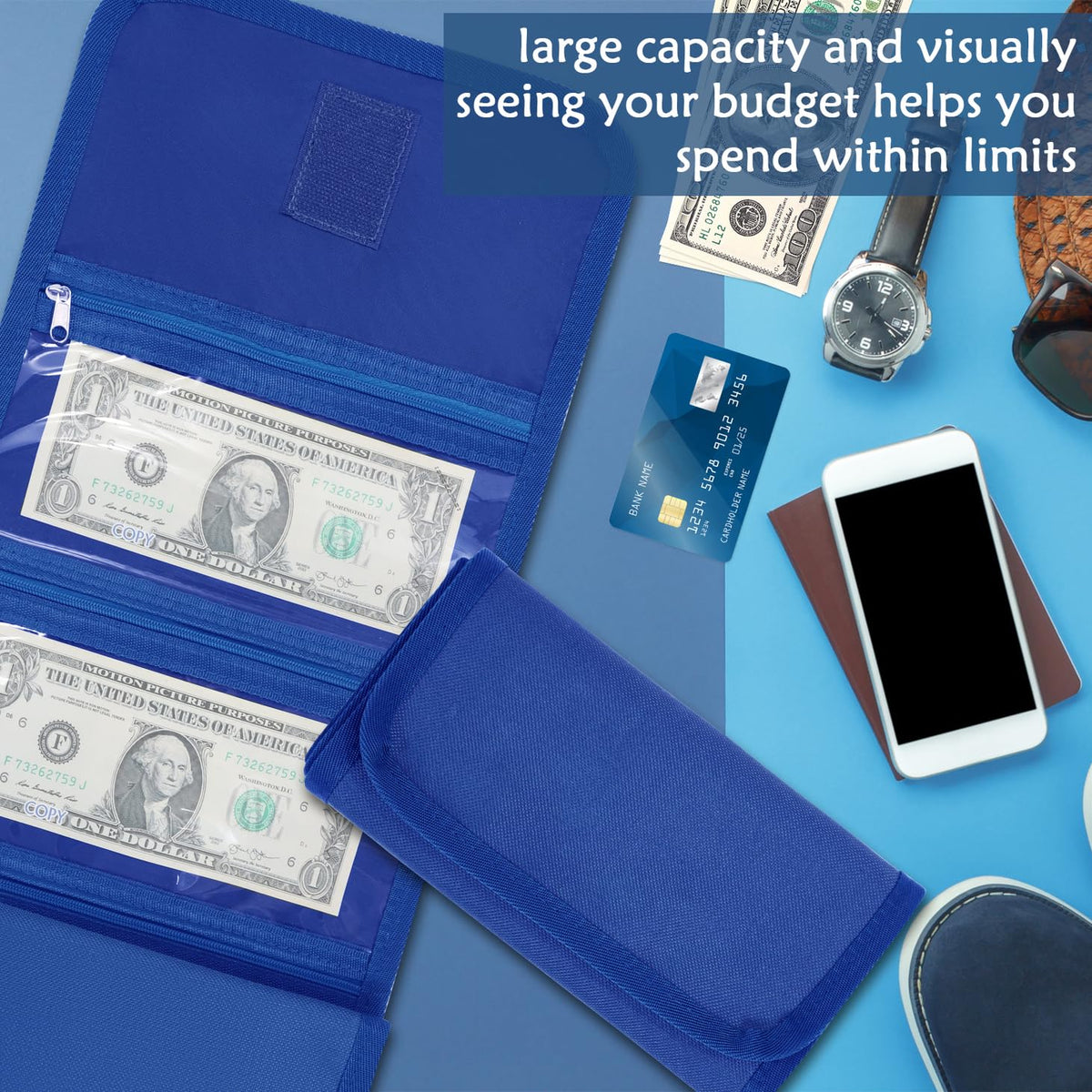 VOCHIC Money Pouch, Money Organizer for Cash with 6 Zippered Pockes, Cash Bill Organizer, Money Bag Small Travel Money Holder for Budgeting, Receipt and Tips,Mothers Day Gifts(Blue)