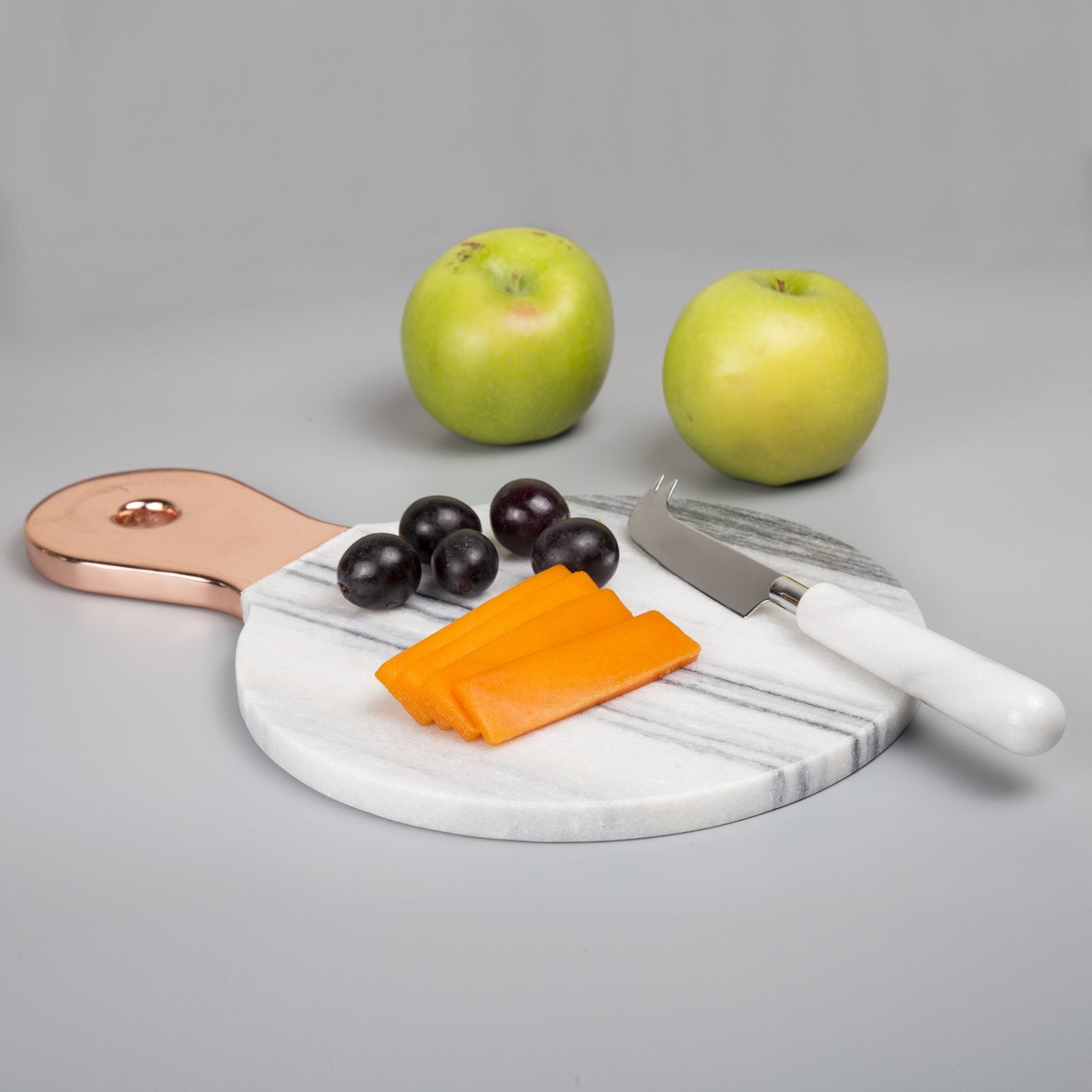 Creative Home Natural Marble Cheese Serving Paddle Board Charcuterie Board Party Serving Platter with Stainless Steel Copper Trim Handle for Kitchen Dining Room, 12.2" x 8" x 0.5" H, Grey (Off-White)