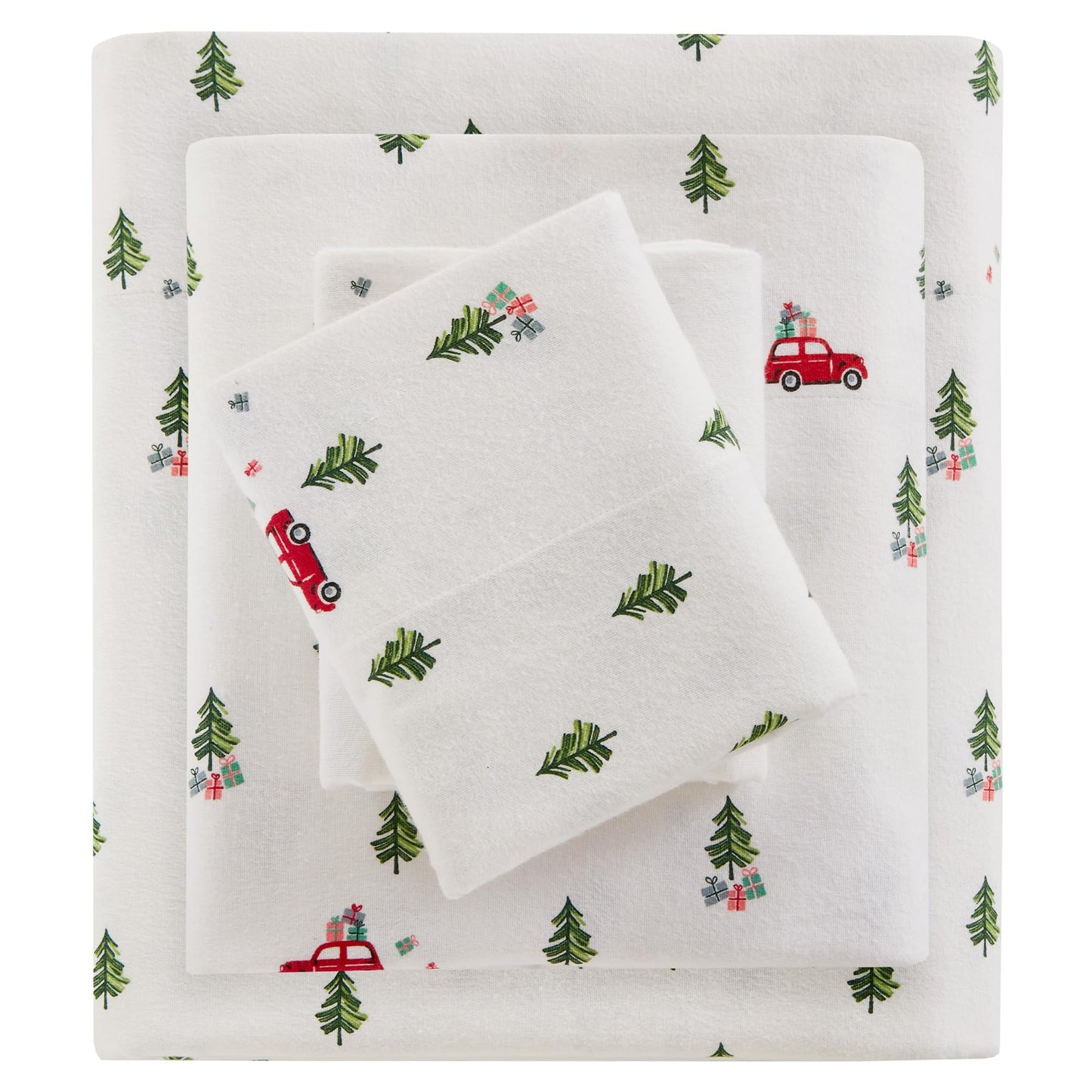 Woolrich Cotton Sheet Set Cottage Charms Print, 100% Cotton Flannel Sheets Warm & Fuzzy Bedding Set Queen Size Sheets, Fitted Pocket Fits Up to 14" Mattress, Queen Green Tree Trip 4 Piece