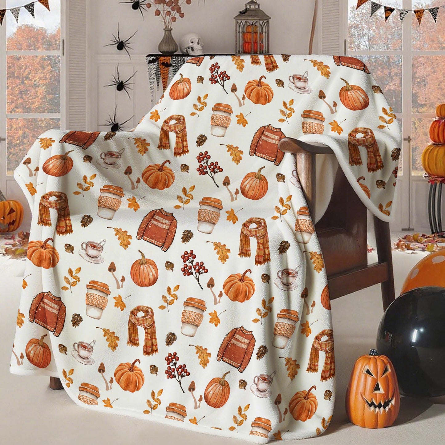 Fall Fleece Throw Blanket, Autumn Pumpkin Spice and Everything Nice with Books Wraps Coffees Lattes Pumpkins Pies Oversized, Soft Blanket for Couch,Cozy,Warm,Lightweight,50"X60"