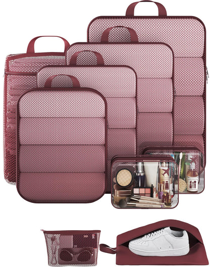 Veken 9/11 Set Compression Packing Cubes for Travel Essentials,Compressible Expandable Large Luggage Suitcase Organizer Bags for Clothing,Durable Space Saver Storage Bags with Toiletry Bags(Wine Red)