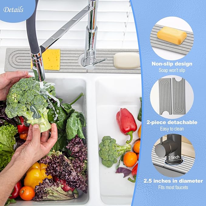 Stone Faucet Mat for Kitchen Sink- 15.6''x 3.9''Diatomite Fast-Drying Faucet Mat