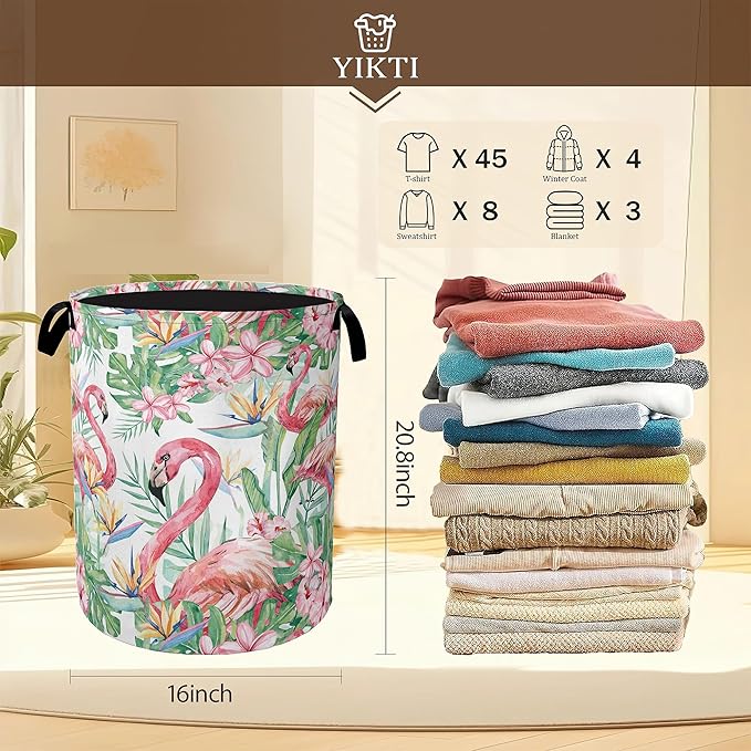 Watercolor Flamingo Laundry Hamper, Tropical Flower Leaves Clothes Hamper