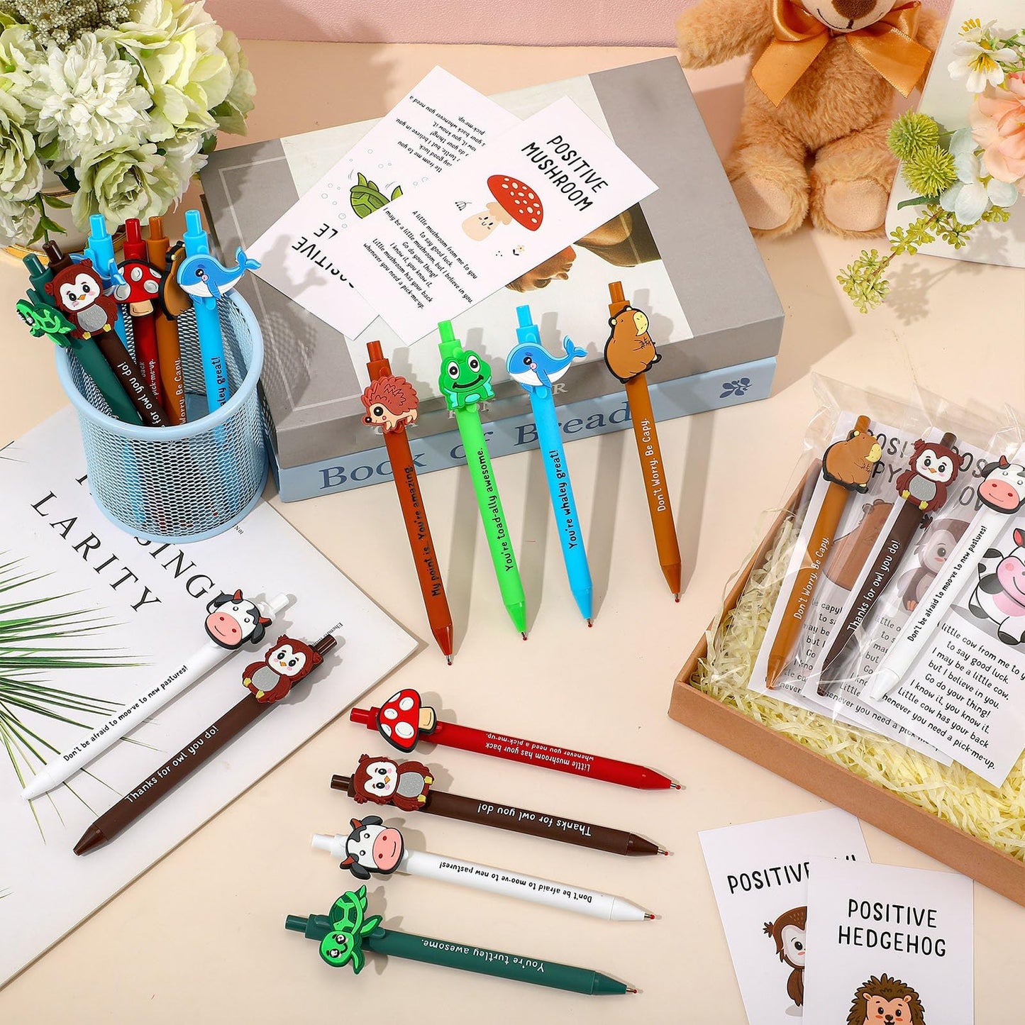 Landical 16 Set Positive Animal Pens Graduation Gift Bulk Cute Funny Pen with Inspirational Card Employee Appreciation Gift for Office Coworker Staff Nurse Teacher Student Classroom