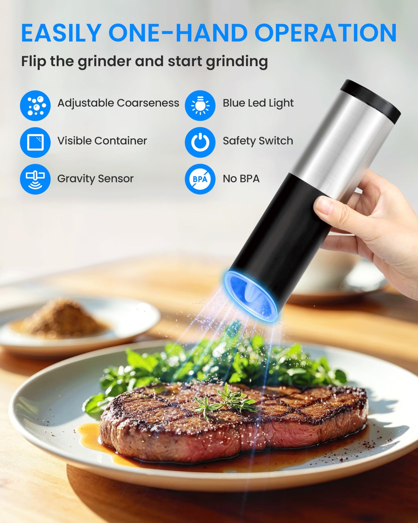 Simple Deluxe Stainless Steel Gravity Electric Salt & Pepper Grinder Set, Battery Powered with Blue LED Light, Adjustable Coarseness, One Hand Automatic Operation, Silver