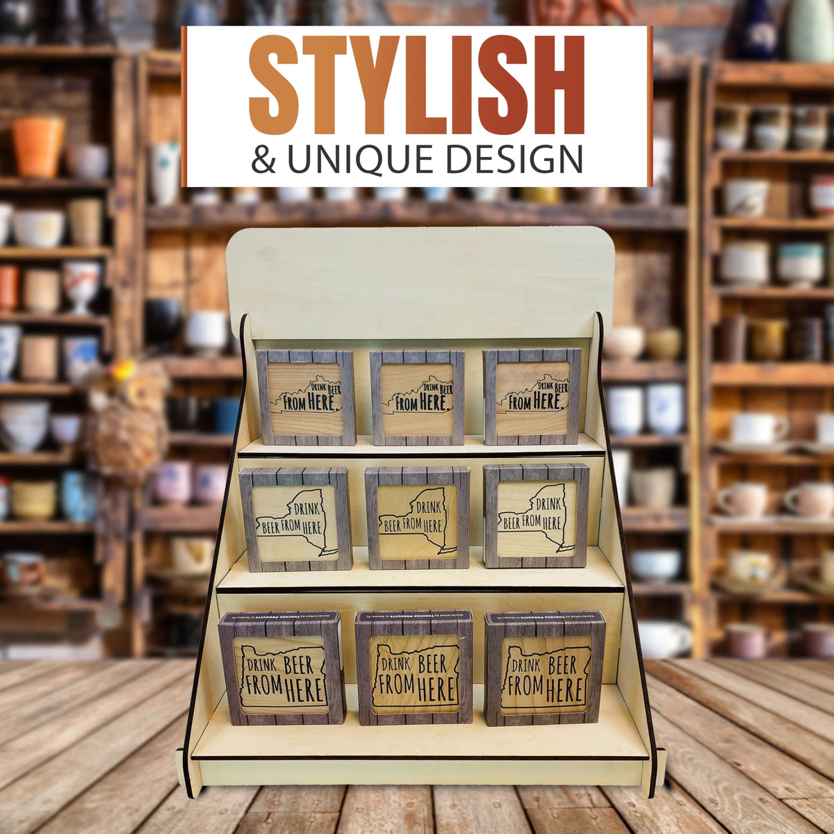 Torched Wooden Portable Retail Table Display Stand Countertop 3 Step Riser Craft Shows, Farmers Markets Tradeshows… (Natural)