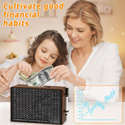 Wooden Money Saving Box for Kids & Adults - Reusable $10,000 Savings Challenge Box with Progress Tracker & Cash Vault, Educational Piggy Bank Gift for Boys Girls 3-12 (7 Amounts, Wood)