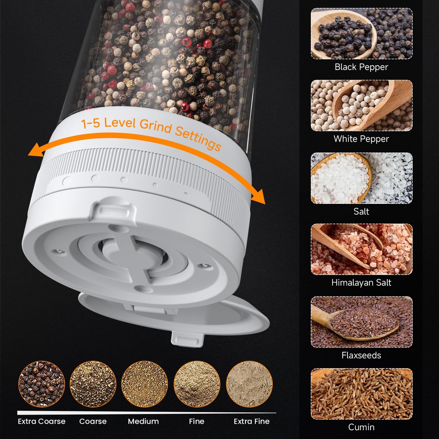 Electric Salt and Pepper Grinder Set,2 Pack Rechargeable Automatic Pepper Mill,with Charging Base,5 Level,Display,LED Lighting,Large Capacity,Kitchen Gift (2, White, Charging Base)