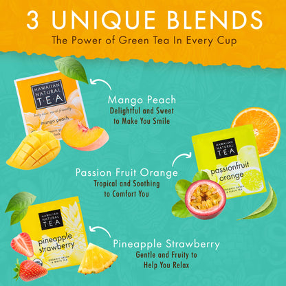 Hawaiian Natural Organic Tropical Fruit Tea Sampler - Green, Black, White Tropical Fruit Tea Blends, Gift Box Set For Special Occasions - 24 Bags