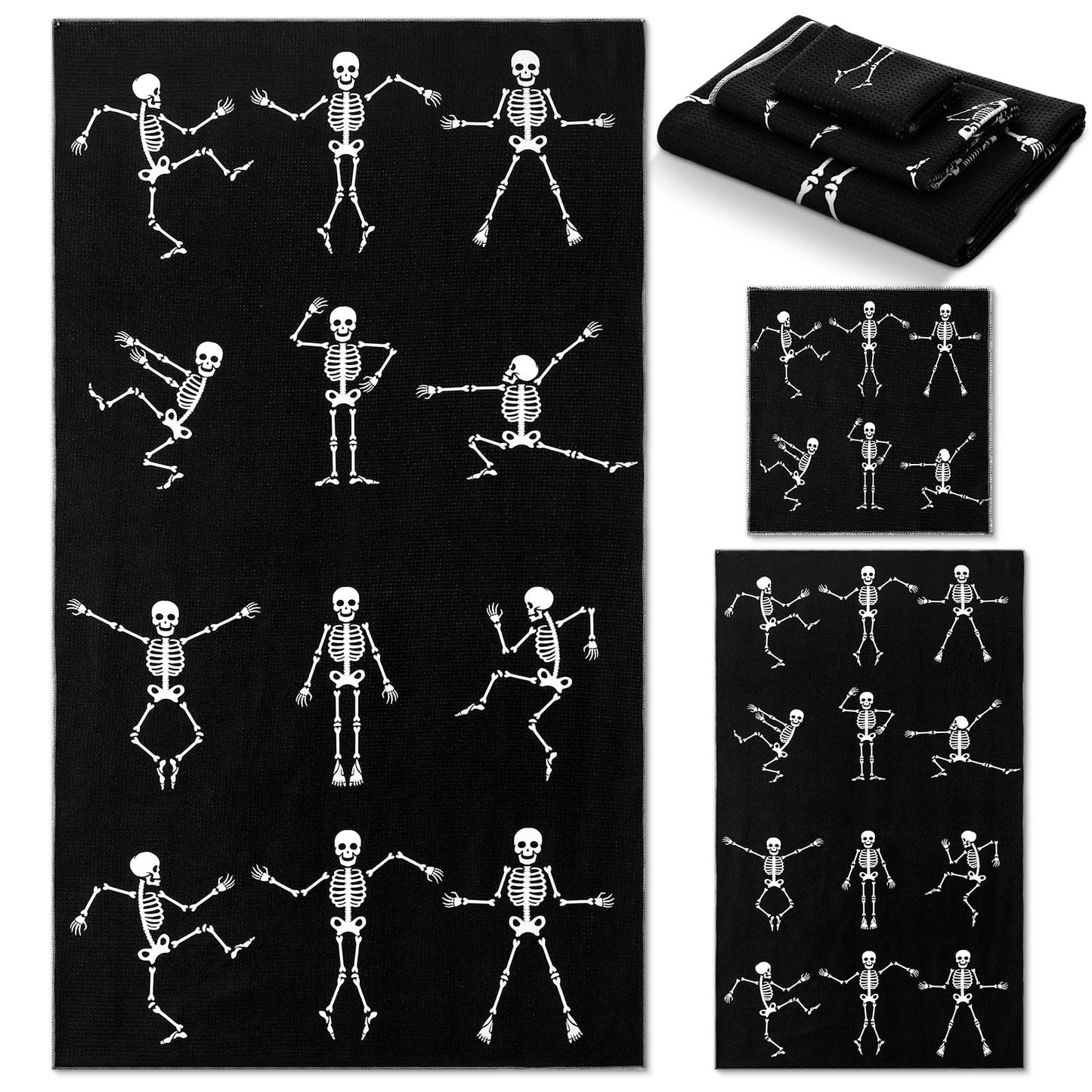 Preboun 3 Pack Halloween Skull Bathroom Towels Set Halloween Hand Towels for Bathroom Skeleton Bath Towels Dancing Skeleton Body Dish Towels Absorbent Fingertip Towel for Kitchen Hotel Beach Gym Spa