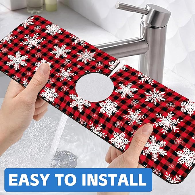 Christmas Snowflake Kitchen Sink Splash Guard Mat Buffalo Plaid Absorbent Fast