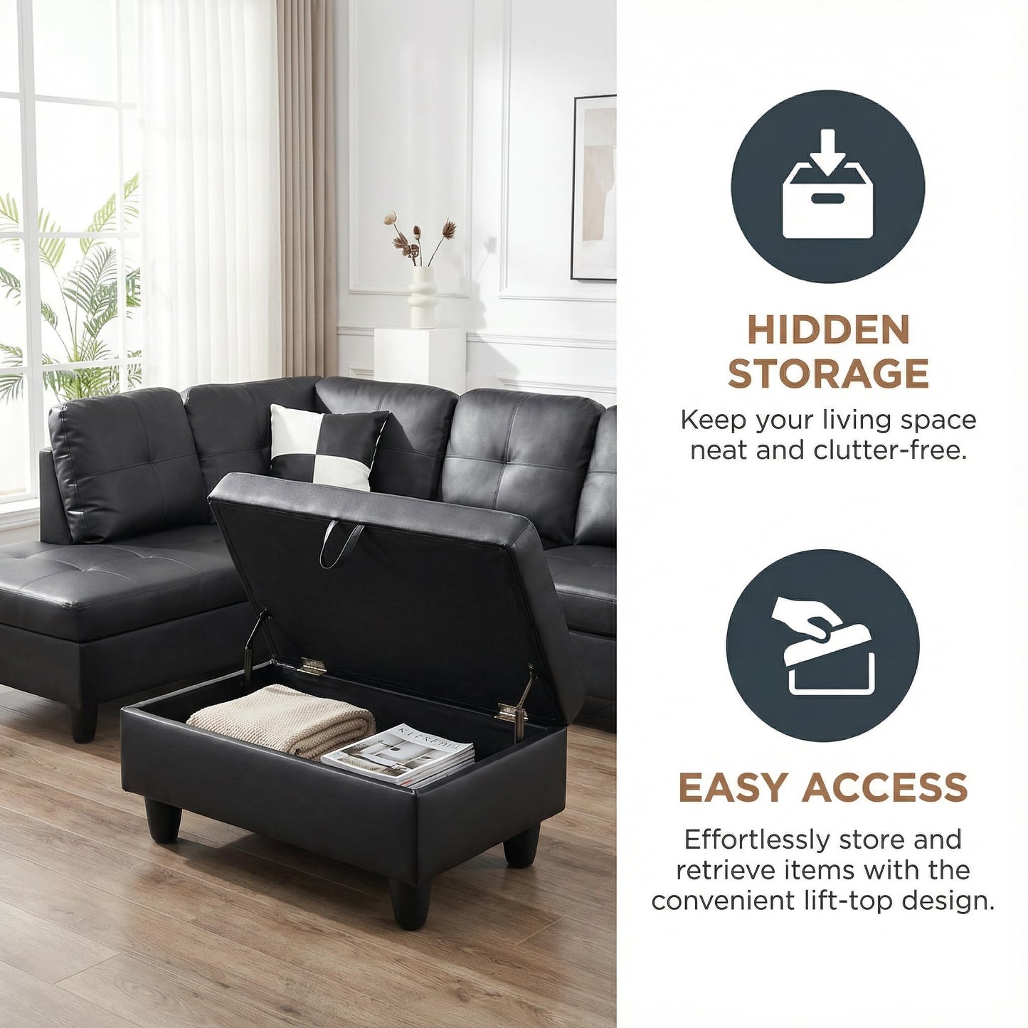 Trygoal 103.5" Sectional Couches for Living Room, Leather 4 Seat L Shaped Couch with Chaise, 3-Piece Modular Sofa with Storage Ottoman, Home Furniture Sets for Apartment Office, White and Black
