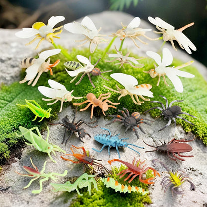 PINOWU Insect Toy Figures for Kids - 24pcs, 2-4' Fake Bugs - Spiders, Cockroaches, Scorpions, Crickets, Lady Bugs, Mantis & Worms for Education & Party Favors