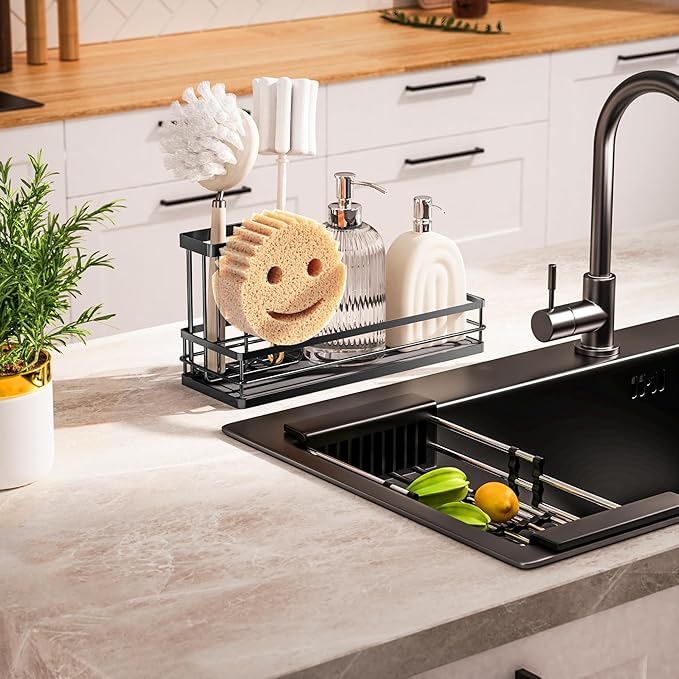 Sink Caddy Organizer with Water Absorbing Stone Tray, Instant Dry Sponge Holder