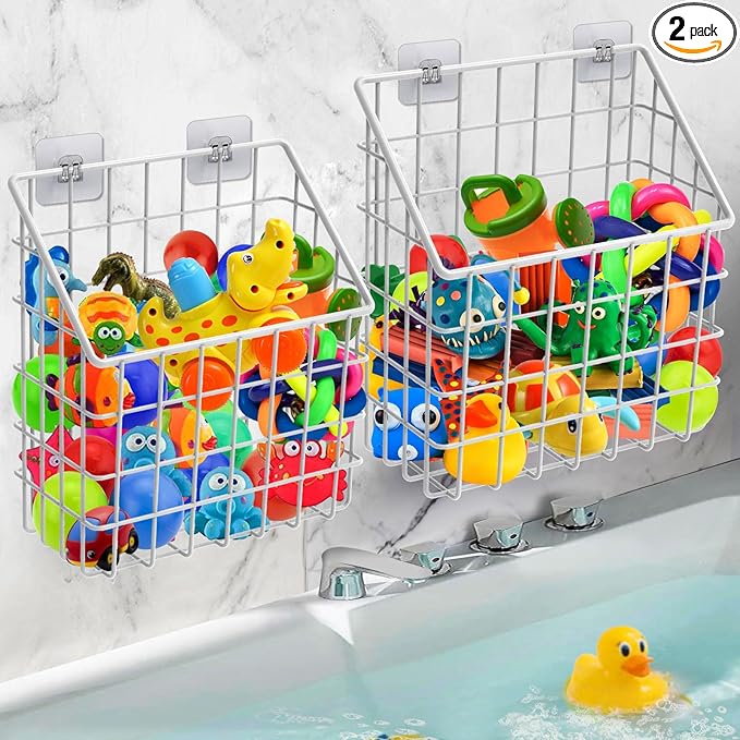 2 Pack Bath Toy Storage Organizer Basket, Large Metal Bathtub Toy Holder