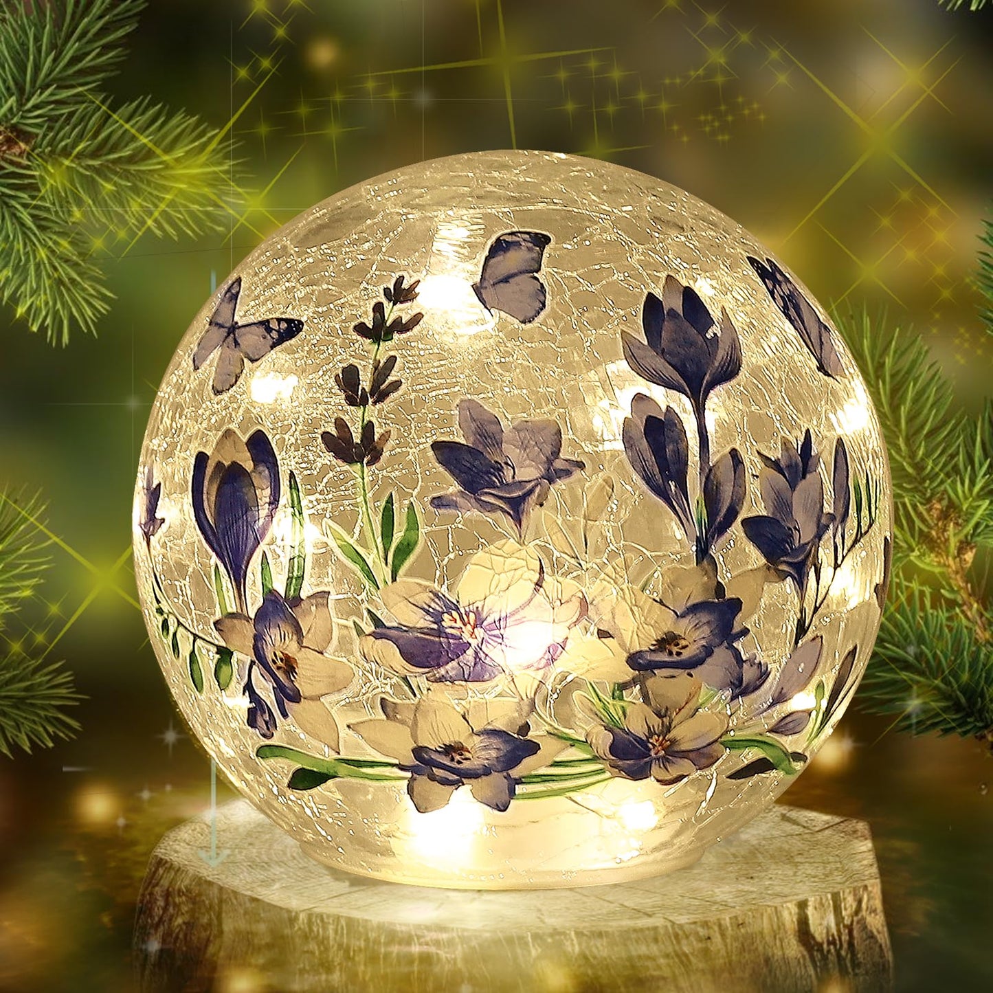 Sphere Glass Crystal Lamp with Timer – 6 Inches, 6 Hours Auto On / 18 Hours Off, LED Light with Blue Flowers and Green Grass Designs, Handcrafted Decorative Glass Light for Home Decor