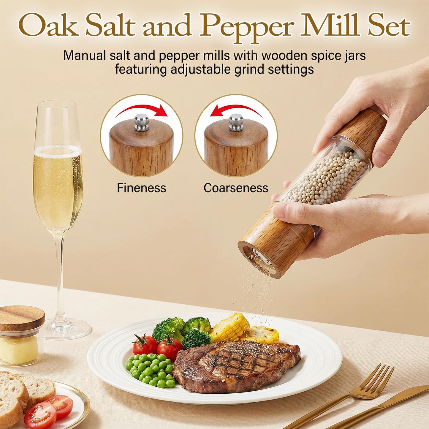 Wooden Salt and Pepper Grinder Set, 8 inch Manual Refillable Wooden Salt and Pepper Shakers Mill with Tray, Adjustable Coarseness, Solid Wood with Ceramic Stainless Steel Core, Transparent - 2 Packs