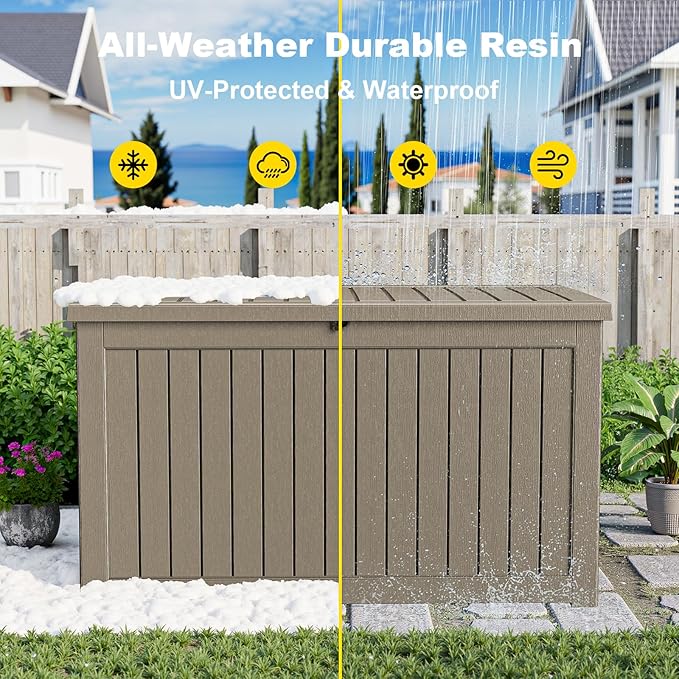 ROJIK Outdoor Storage Housing Deck Box,Waterproof Patio Furniture, Garden Tools,Cushions,Pool Accessories Storage Bench with Lockable Lid and Side Handles (Grey,280 Gal)