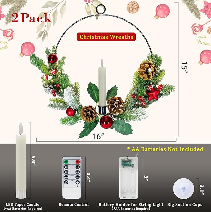 2Pack Christmas Wreaths for Front Door with Lights & Flickering LED Taper Candles & Remote, 16'' Windows Wreaths, Fireplace Christmas Decorations - Red