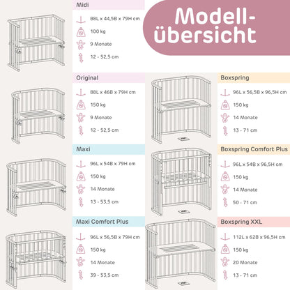 babybay Maxi Extra Large Side Bed Made of Solid Beech Wood/Children's Bed Height Fully Adjustable & Environmentally Friendly/with Mattress, Grid, Wheels (Natural Varnish)