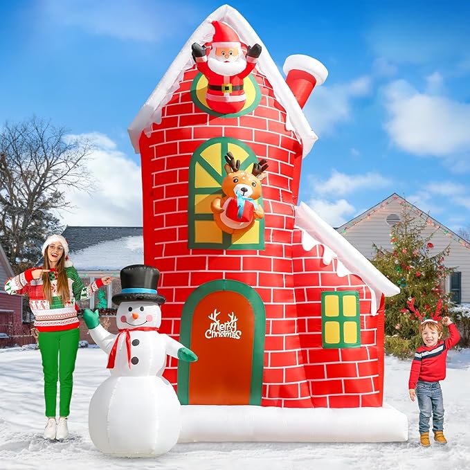 12FT Christmas Inflatable Outdoor Decoration, Huge Christmas Castle with Santa Snowman and Reindeer with Built-in LED Lights, Giant Blow Up House with Chimney for Xmas Decor Lawn, Yard, Party
