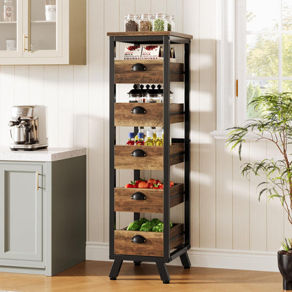 Tribesigns Wood Fruit and Vegetable Storage Rack, 5-Tier Narrow Snack Stand Kitchen Stand Fruit Basket, Pull-Out Utility Organizer for Kitchen, Living Room, Rustic Brown