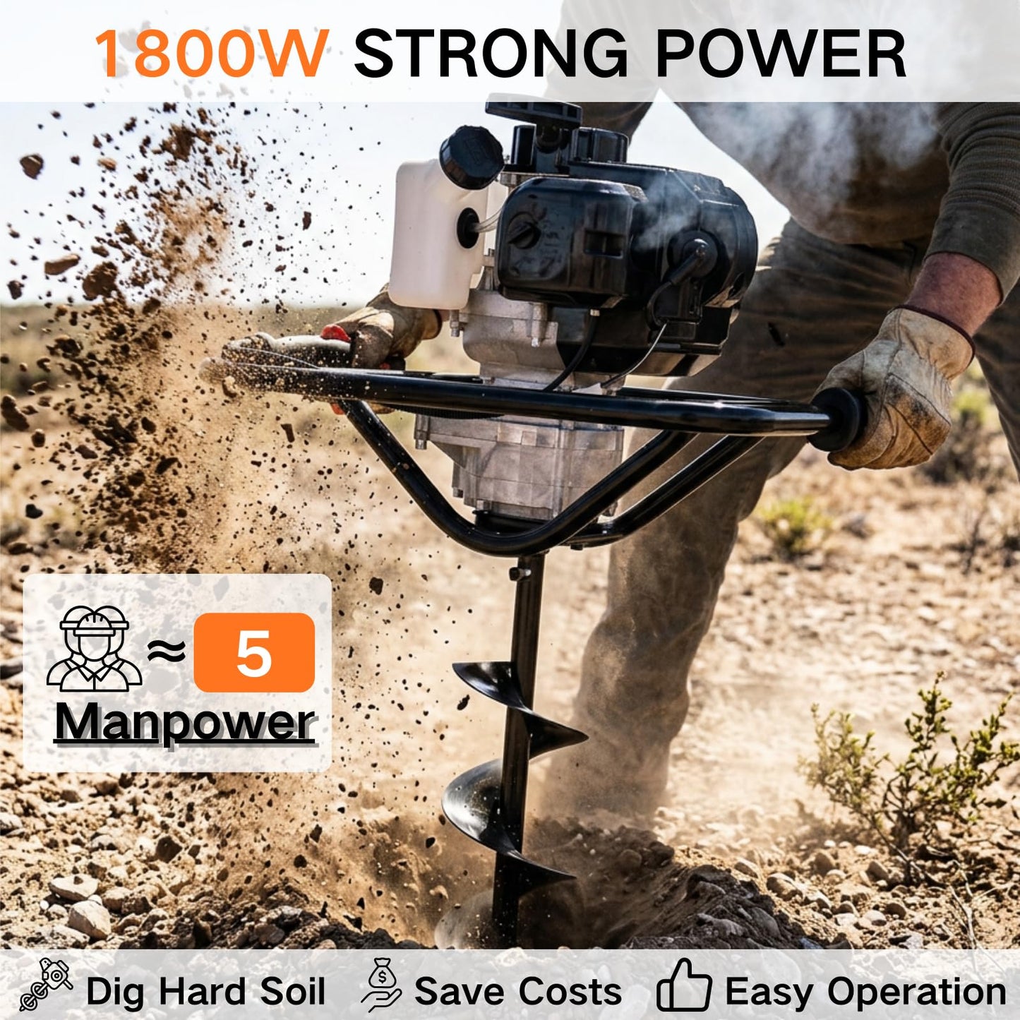 DC HOUSE Post Hole Digger, 52cc 1800W Gas Powered Earth Auger Earth Digger, Auger Post Hole Digger with Two Drill Bit 6" & 10" and Extension Rods, for Fence, Farmland and Garden, EPA Certified