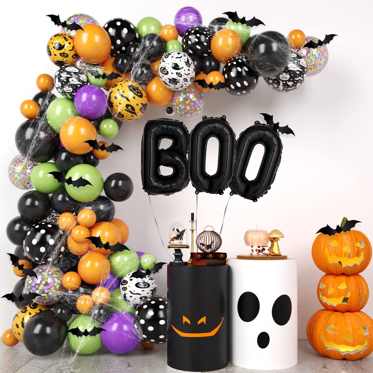 Halloween Balloon Garland Arch Kit – 98 Pcs Black, Orange, Green, Violet Latex + Bat, Pumpkin & BOO Foil Balloons with Accessories – Spooky Party Decor – DIY Kit by Vellax®