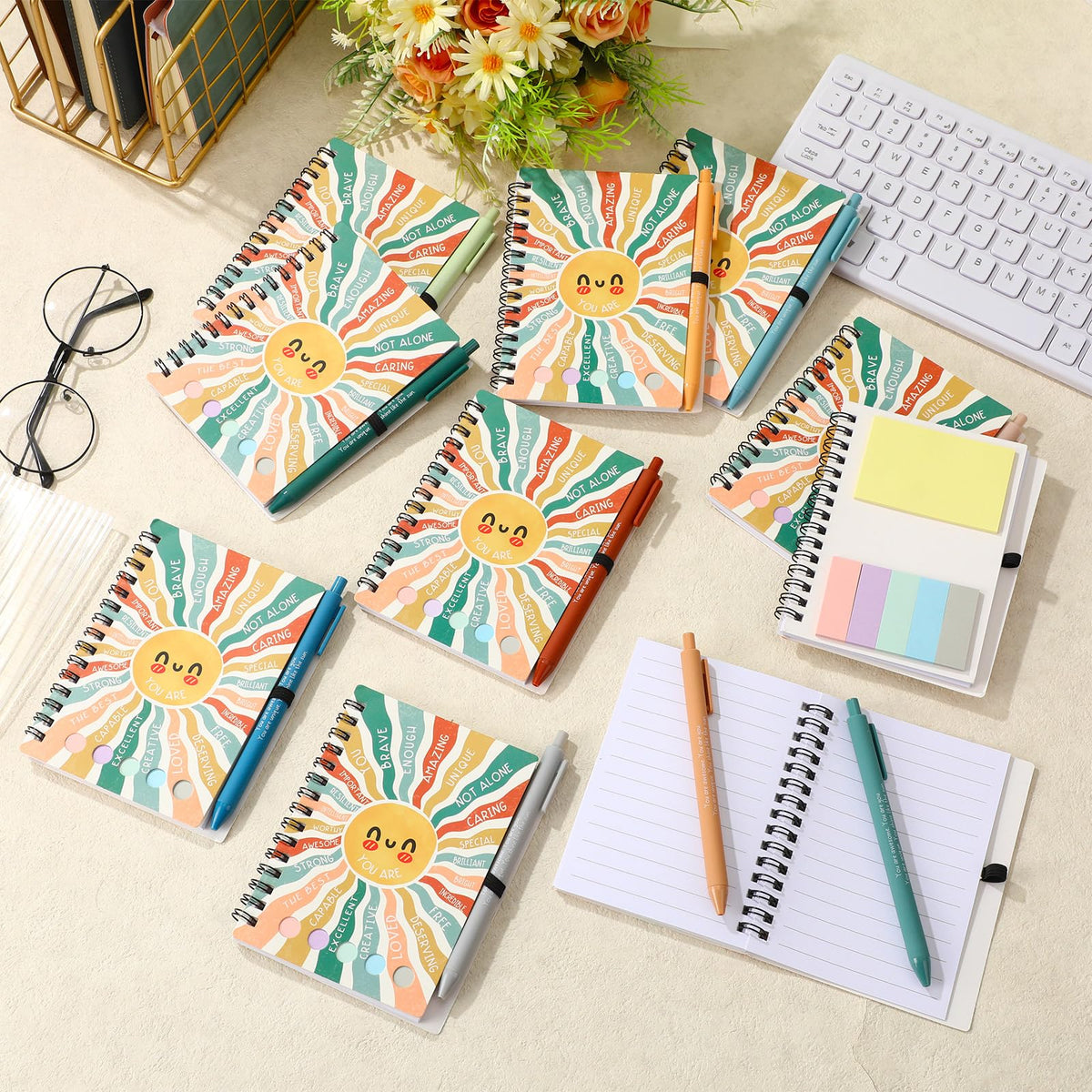 Janlaugh 20 Pcs Mental Health Gifts for Women Men Self Care Items Bulk Include 10 Mental Health Notebook with Sticky Note 10 Positive Pens Affirmation Journals Wellness Gifts for Coworkers Teachers