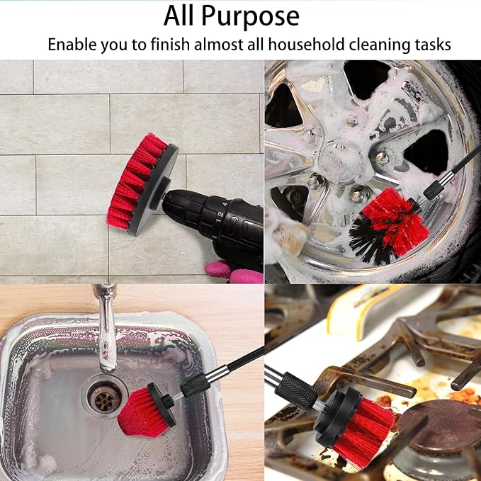 Drill Brush Attachment Set, 7 Pack 1/4in Power Scrubber Brush + Extend Long Rod