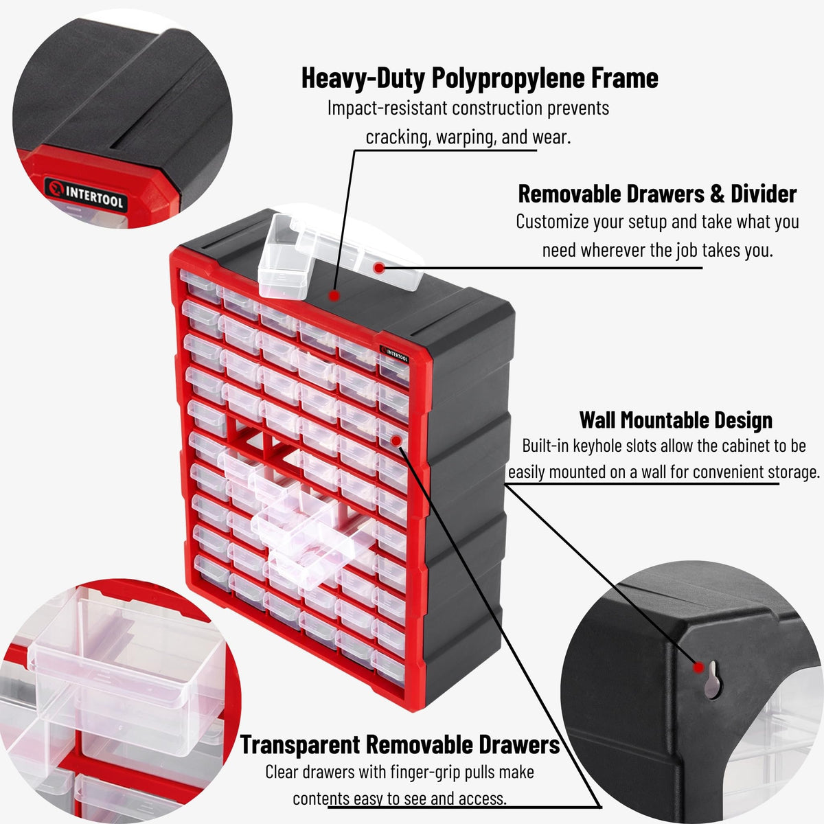 INTERTOOL Small Parts Organizer for Hardware & Screws | 60 Removable Bins with Dividers | Wall Mount or Desktop Craft & Lego Storage Cabinet | 19” x 15” x 6” BX08-4016