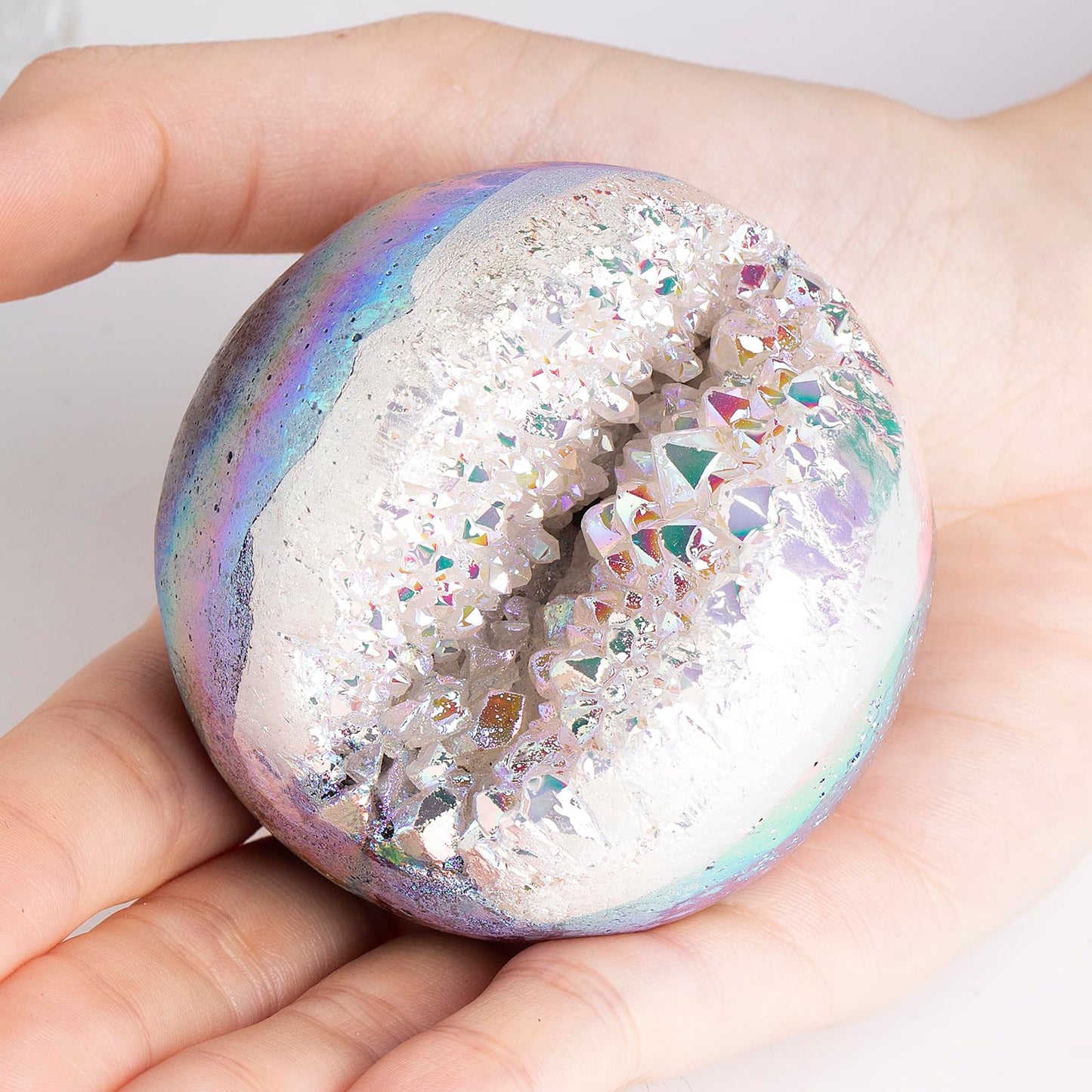 Sportmusies Titanium Coated Rock Crystal Geode Ball with Wooden Stand, Druzy Quartz Stone Cluster Sphere Reiki Home Office Decoration, Angel Aura