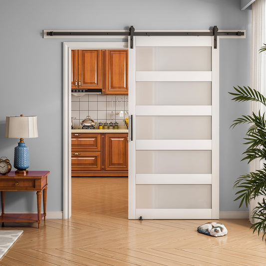 OHTOMO 36 in x 84 in Sliding Barn Door, 5-Lite Frosted Glass Door with 6.6FT Hardware Kit, Floor Guide Included, Waterproof PVC Surface, Pre-Drilled Holes, Need Assembly for Bathroom Kitchen White