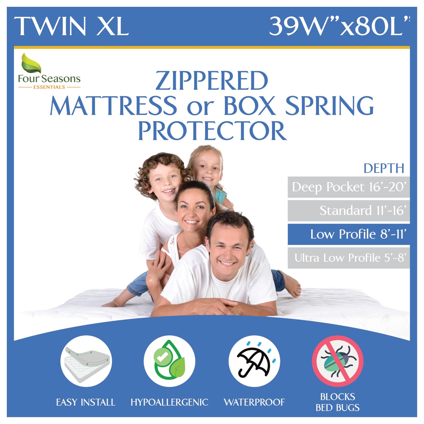 Twin Extra Long (Twin XL) Mattress Protector (8"-11" Depth) - Zippered Waterproof Cover - Fits College Dorm Twin XL Mattress - Hypoallergenic Premium Quality Encasement