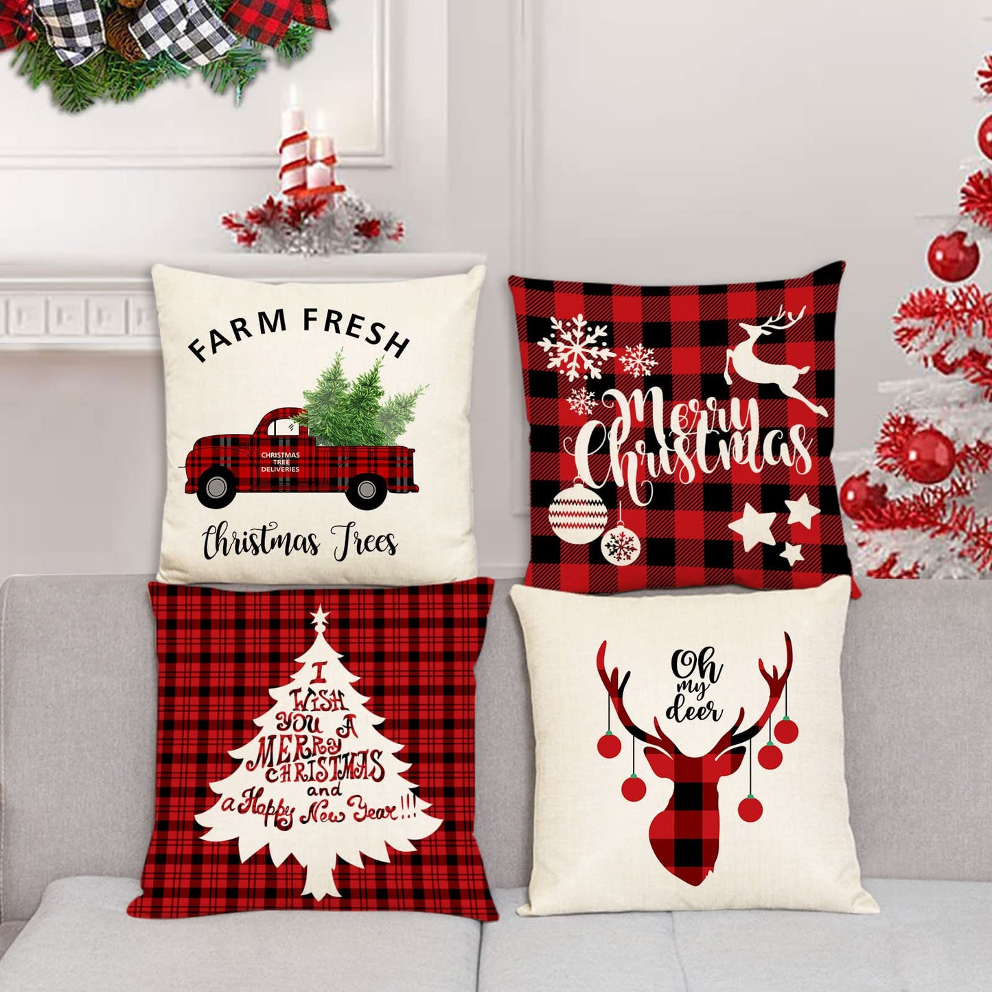 Set Of 4 Christmas Decorative Throw Pillow Covers Christmas Holiday Xmas Square Linen Cushion Covers Merry Christmas Trees Red Truck Snowflakes Deer Outdoor Couch Sofa Home Pillow Cases 18x18 Inch