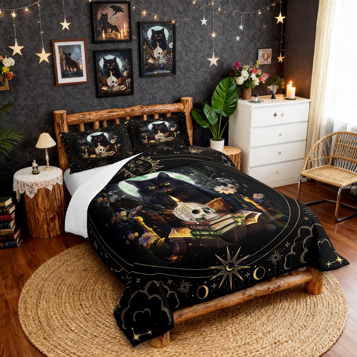 Trippy Cat Comforter Set Queen Size,Sun and Moon Kids Bedding Set Gothic Sugar Skull Crow Print Quilt Set for Girls Boys Adult Room Decor,Exotic Daisy Floral Duvet Insert,2 Pillowcases,Black