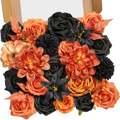 Serwalin Fall Flowers Combo - Black & Orange Artificial Wedding & Halloween Flowers for DIY Bridal Bouquets, Centerpieces & Home Decoration